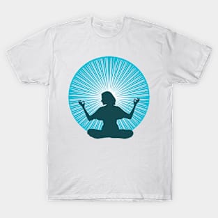 Woman in yoga pose with blue halo light T-Shirt
